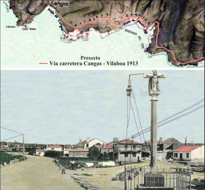 A nova estrada cara a Moaña na ponte do Señal 1915.