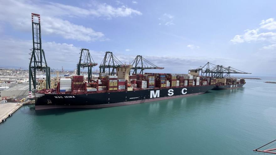 El carguero ‘MSC Irina’, atracado en una terminal del Puerto de València, en una imagen del pasado mes de mayo. | LEVANTE-EMV