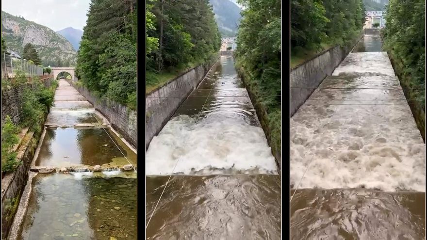 Impresionante crecida del río Aragón a su paso por Canfranc en escasos minutos
