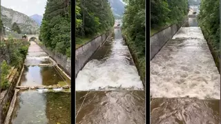 Impresionante crecida del río Aragón a su paso por Canfranc en escasos minutos