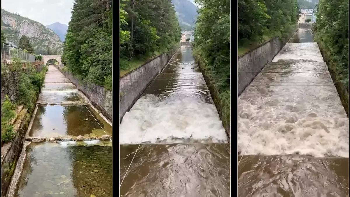 Impresionante crecida del río Aragón a su paso por Canfranc en escasos minutos