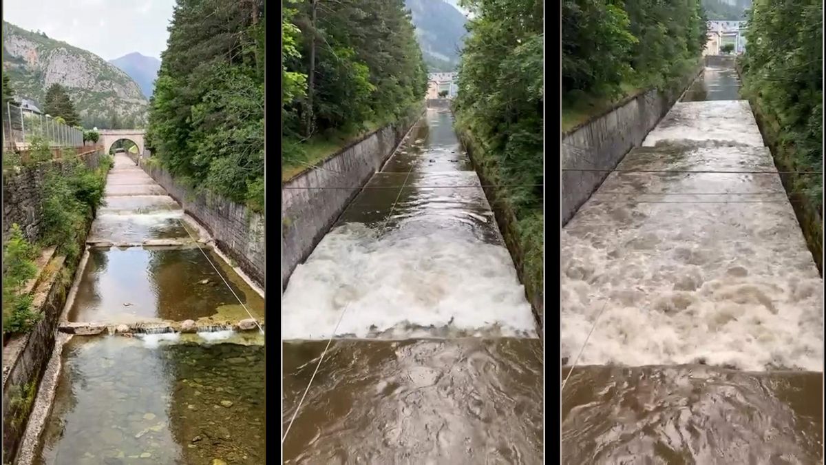 Impresionante crecida del río Aragón a su paso por Canfranc en escasos minutos