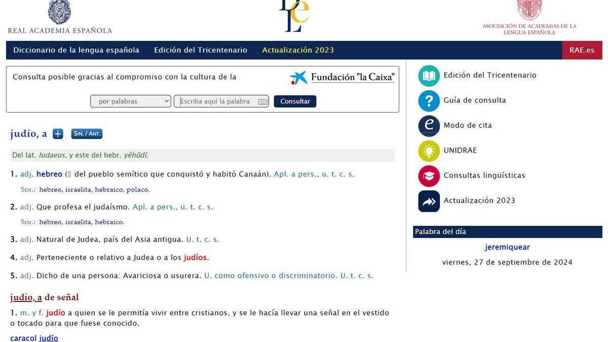Captura de pantalla de la definición de la palabra "judío" en la versión electrónica del Diccionario de la lengua española elaborado por la Real Academia Española (RAE) .