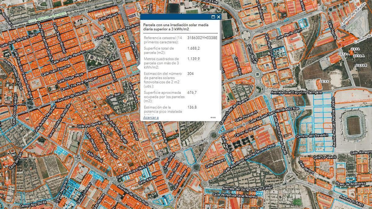 El &quot;mapa solar&quot; diseñado por el Ayuntamiento para informar sobre las placas solares que necesita cada edificio de Elche