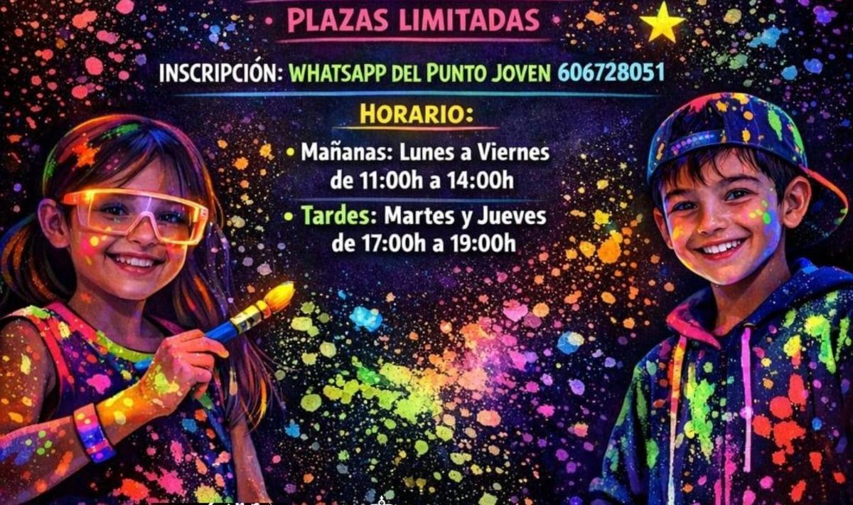 Cartel del Taller de pintura fluorescente para niños a partir de ocho años.