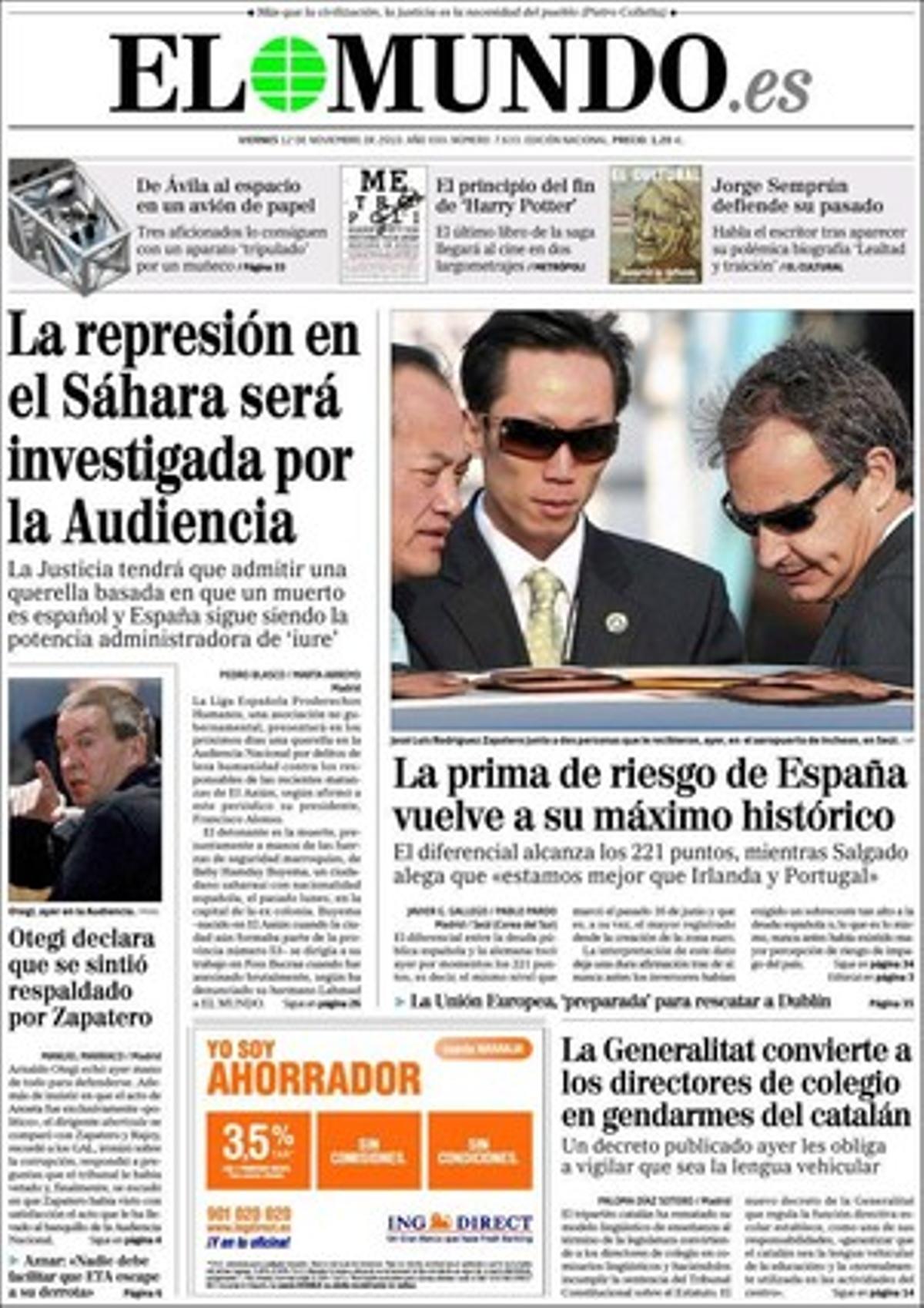 ’El Mundo’ ressalta a més a les pàgines interiors que IU pregunta al Parlament si ’la Roja’ pagarà menys impostos davant els plans dels futbolistes de cobrar la prima de 600.000 euros per guanyar el Mundial a Sud-àfrica per tributar per un tipus menor.