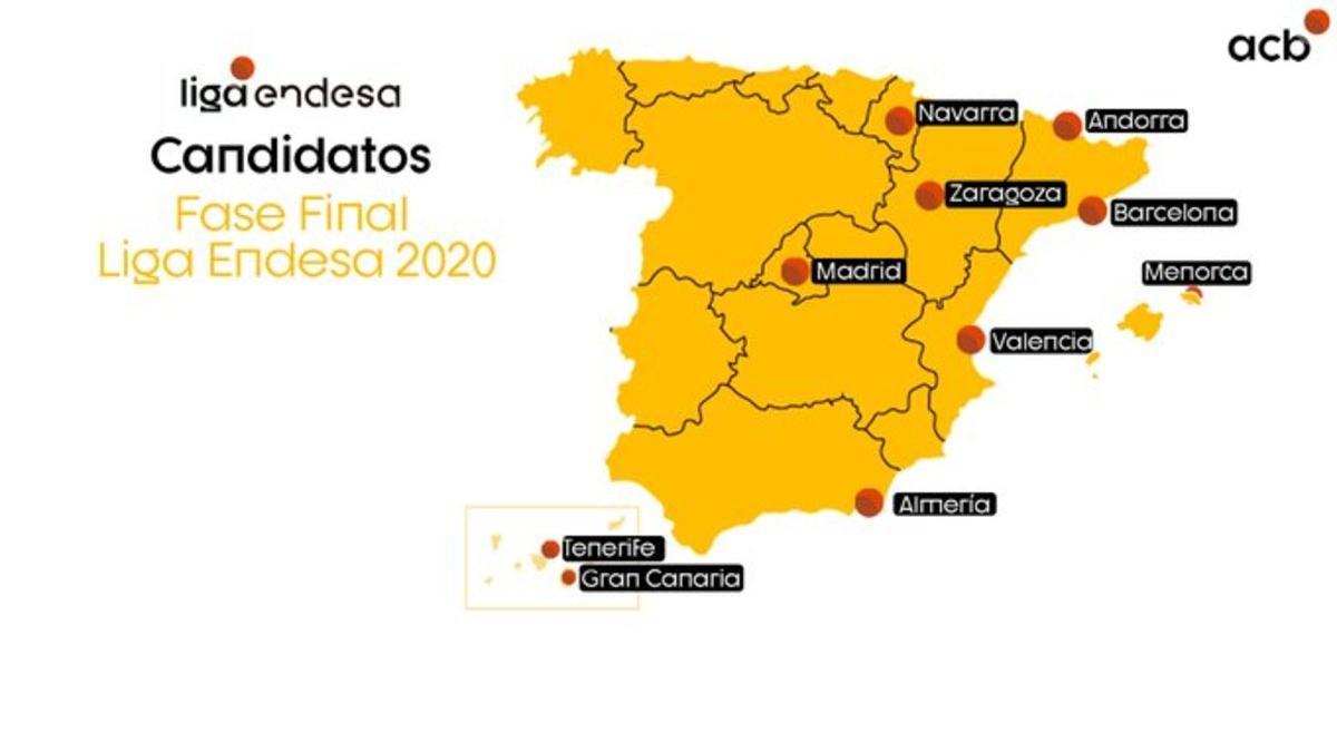 El mapa de ciudades candidatas a acoger la fase final de la Lifa ACB.