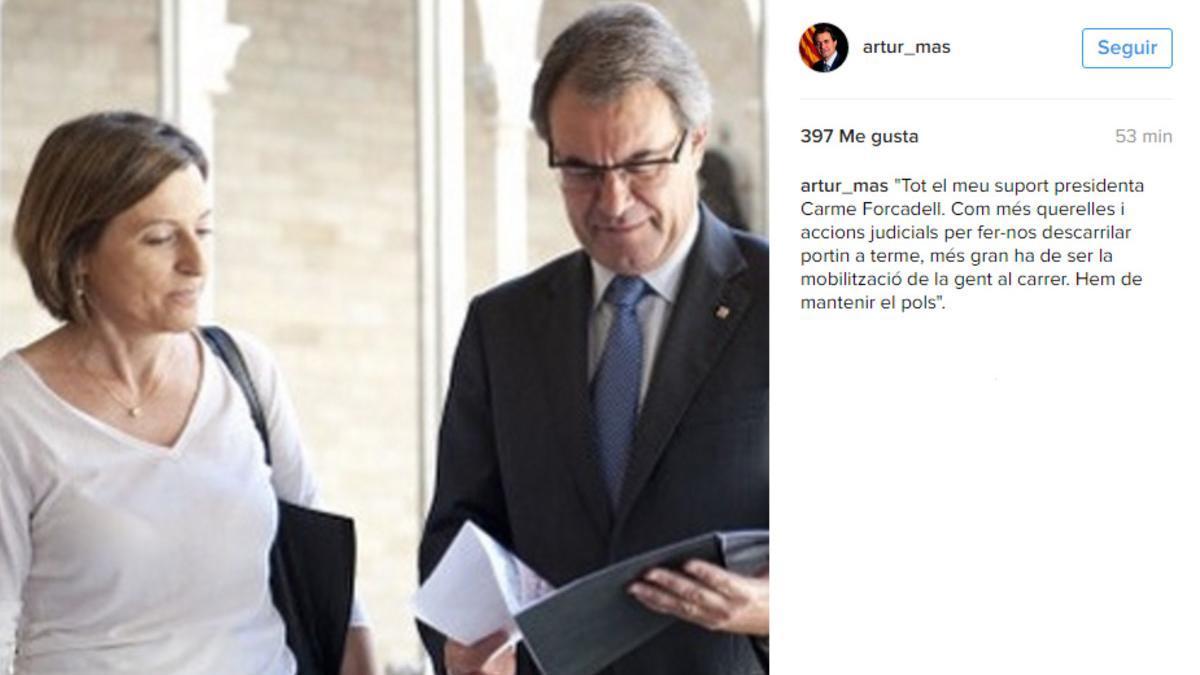 Mensaje de apoyo de Artur Mas a Carme Forcadell en Instagram