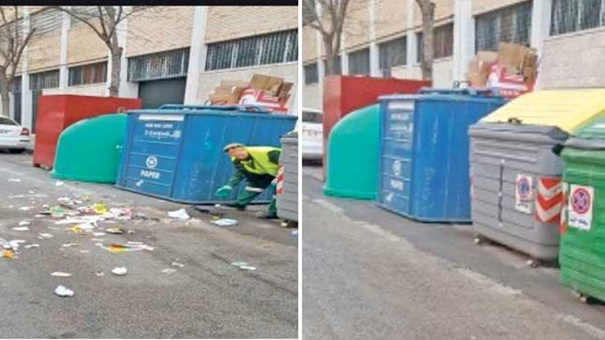 El antes y después de la limpieza extraordinaria de Semana Santa en una calle de Palma.