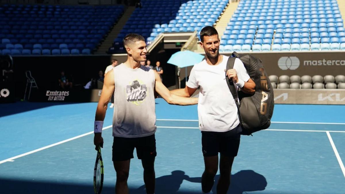 Alcaraz, en su entrenamiento ante Djokovic