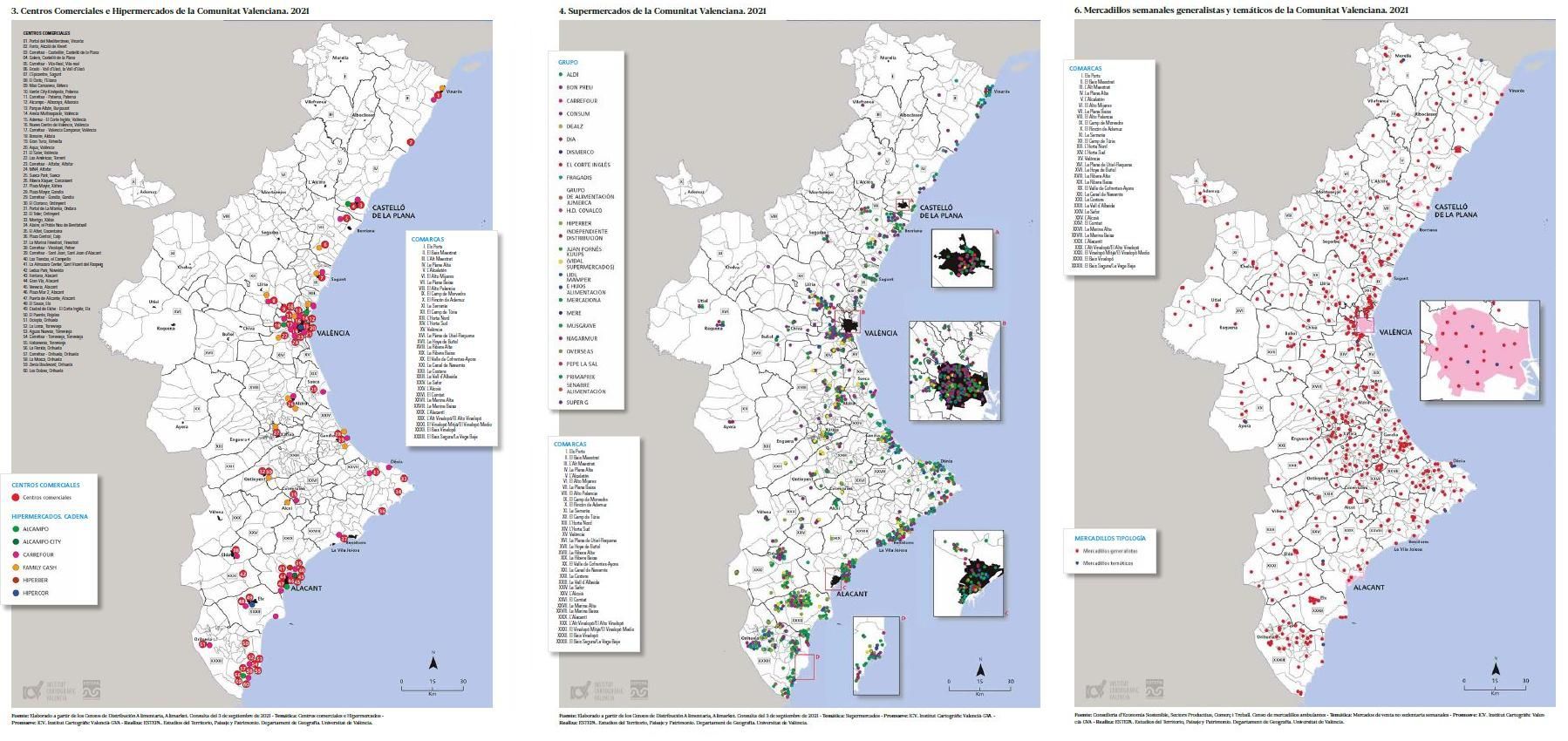 Distribución de Centros comerciales, supermercados y mercadillos en la Comunitat Valenciana del Atlas Temático.