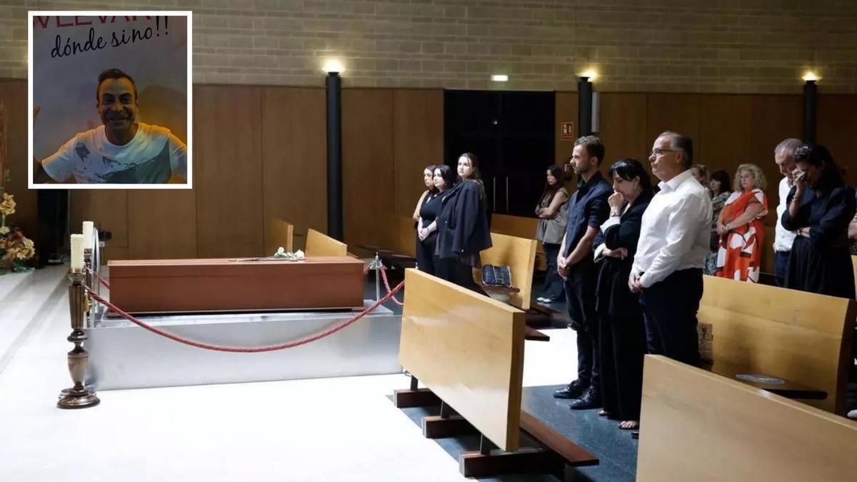 Familiares y amigos, durante el acto laico de despedida que hubo en el Tanatorio de Cabueñes; en el recuadro, el fallecido Fran Rosal.