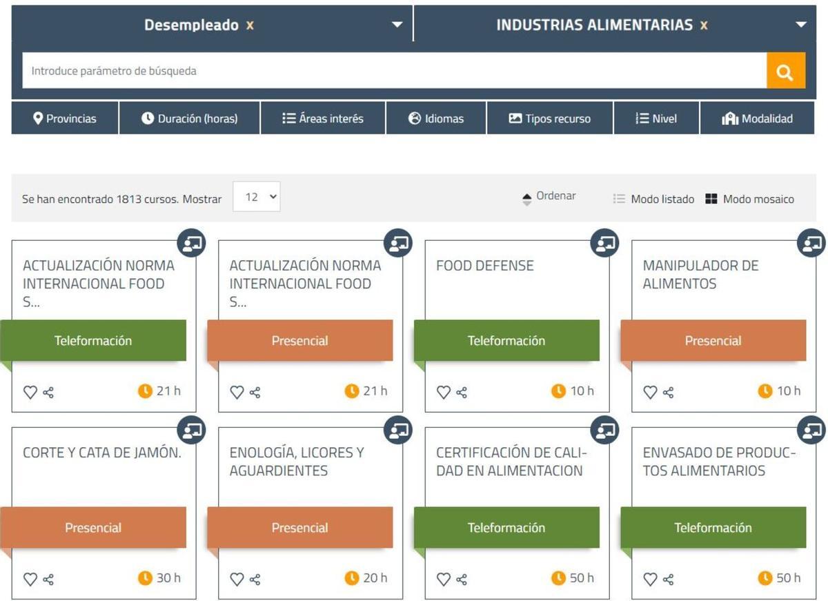 Ejemplo de cursos del SEPE para desempleados del sector de la industria alimentaria.