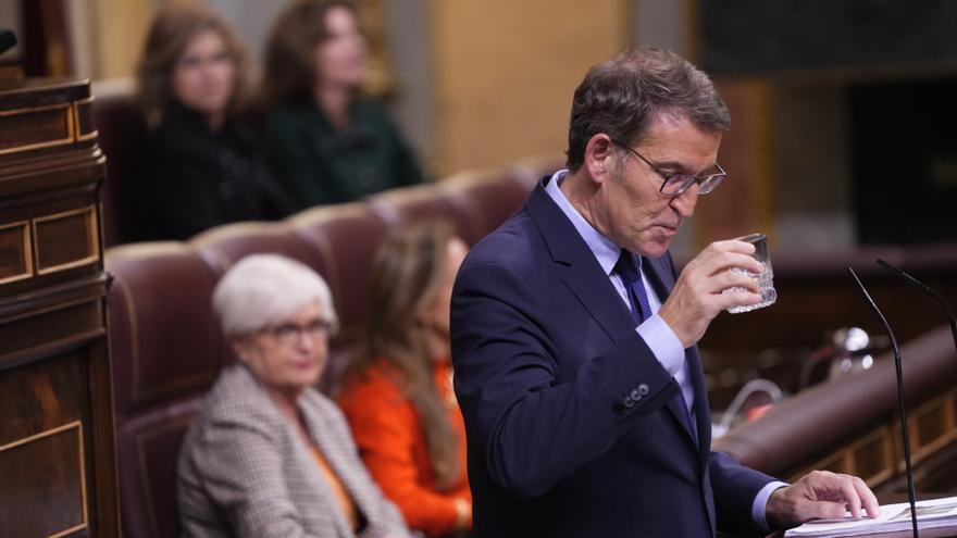 El líder del PP, Alberto Núñez Feijóo, veu aigua durant el seu discurs en debat d'investidura de Pedro Sánchez.