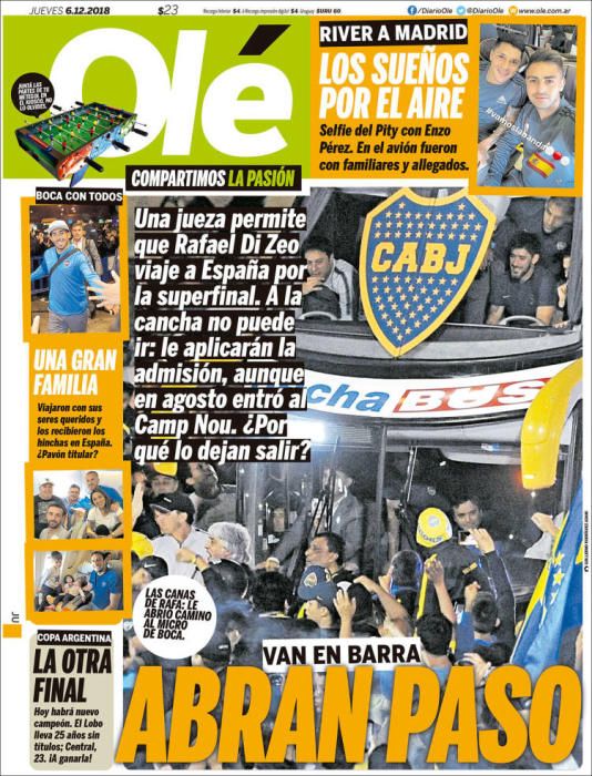 Portada OLÉ jueves 6 diciembre 2018