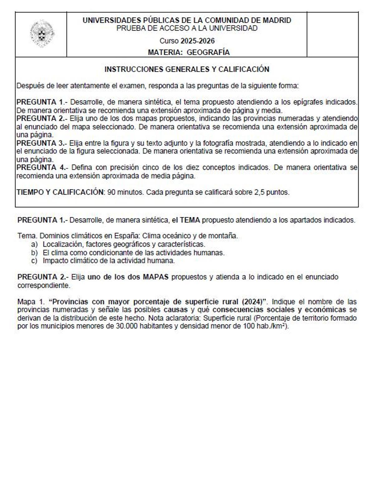 Examen de Geografía de la convocatoria extraordinaria de la Pau de Madrid