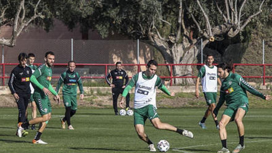 Los jugadores del Elche entrenando en el polideportivo de Altabix