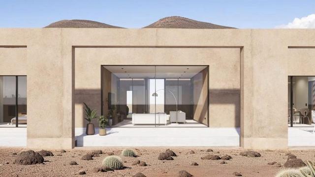 Proyecto de obra nueva abierta al paisaje, pero protegida a la vez ante el sol y el viento en Fuerteventura.