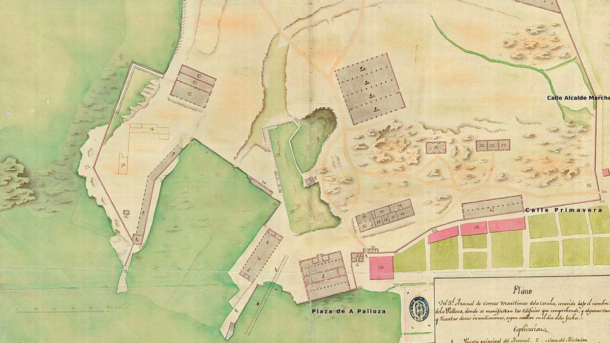 Plano del Real Arsenal de Correos Marítimos de A Palloza en 1803, en A Coruña. |   // LOC