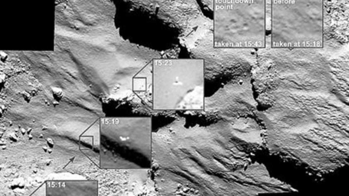 Puntos de aterrizaje y rebote de 'Philae' localizados por la nave 'Rosetta'.