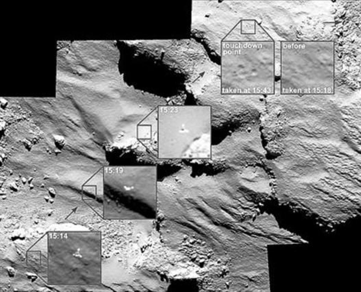 Punts d’aterratge i rebot de ’Philae’ localitzats per la nau ’Rosetta’.
