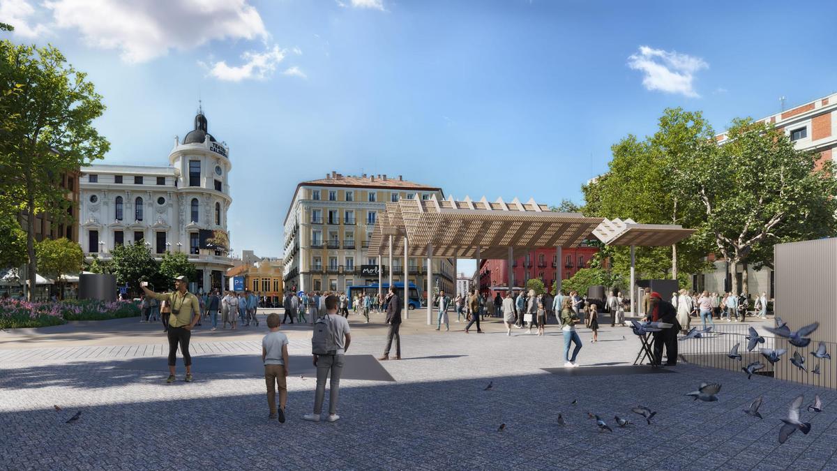 Recreación del futuro aspecto de la plaza con la gran pérgola en el centro.