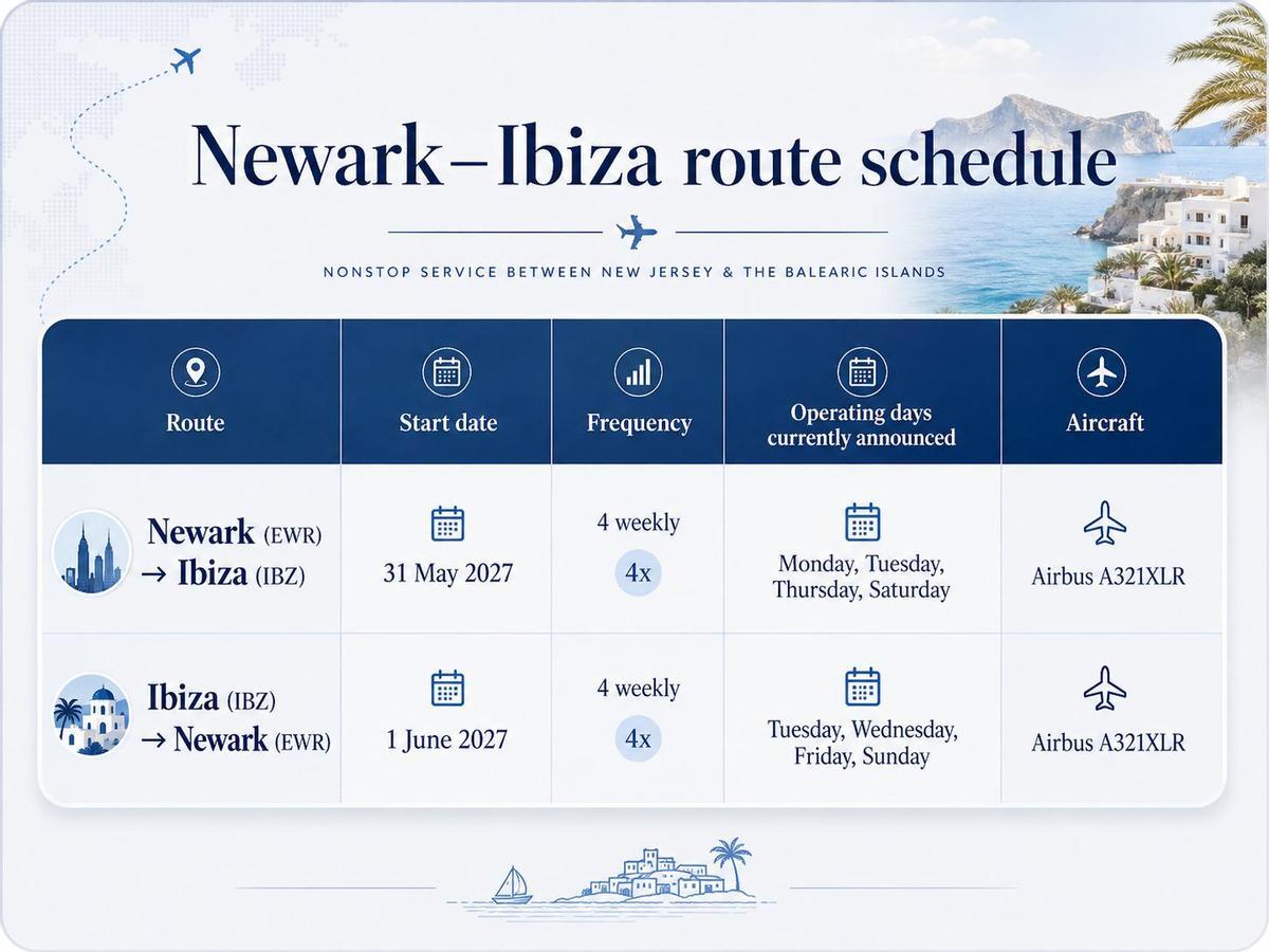 Newark-Ibiza route schedule.