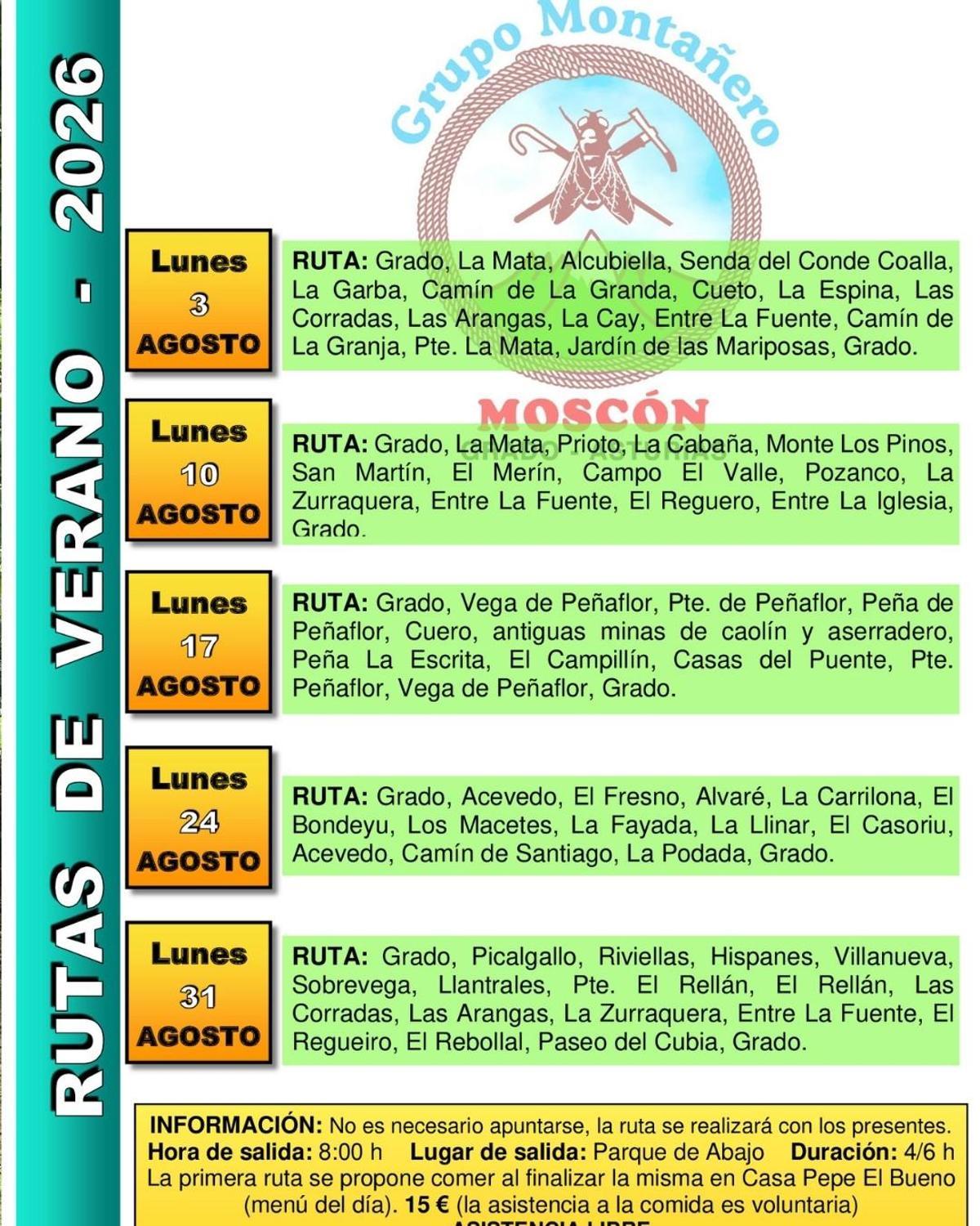 Cartel del Grupo Montañero con los itinerarios de agosto.
