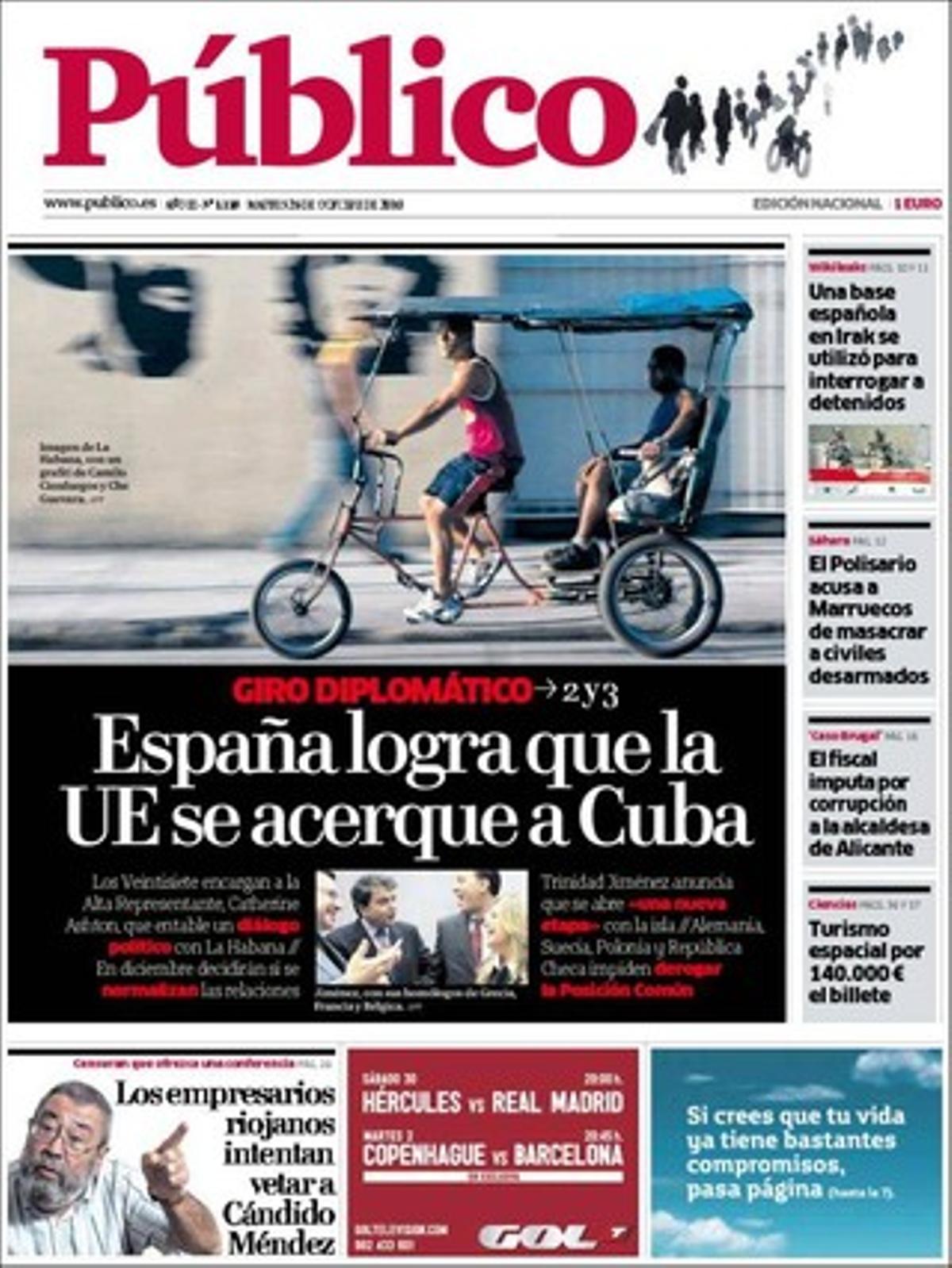 ’Público’ destaca a dins que una base espanyola de l’Iraq va servir de centre d’interrogatoris, segons els documents publicats per Wikileaks, que la fiscalia imputa l’alcaldessa d’Alacant, Sonia Castedo (PP), en la ’trama Brugal’, que el PP porta el cas de Benidorm a la comissió antitransfuguisme, que la patronal riojana intenta vetar una conferència del líder d’UGT, Cándido Méndez, i que el Regne Unit i Suïssa han arribat a un pacte històric: els britànics amb estalvis ocults en bancs helvètics començaran a pagar impostos a canvi que Suïssa preservi el secret d’aquests comptes bancaris.