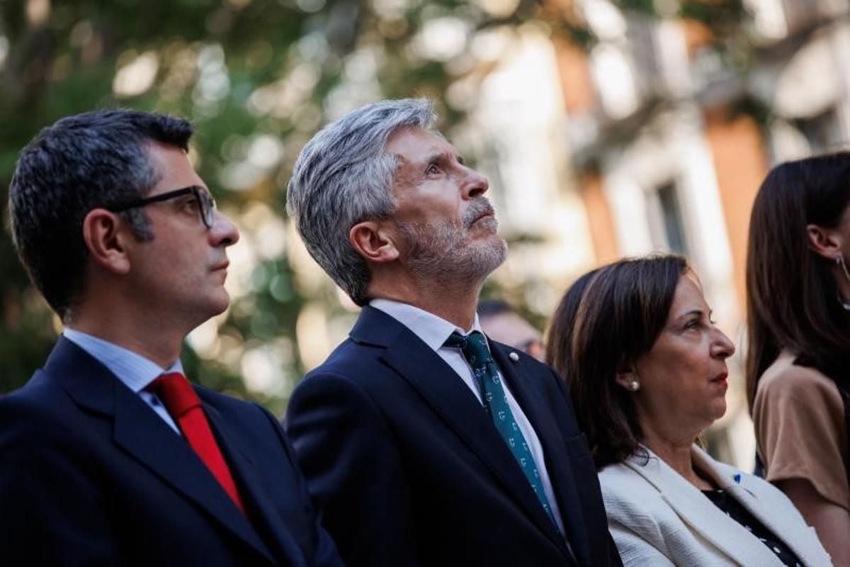 Los ministros de la Presidencia, Félix Bolaños; Interior, Fernando Grande-Marlaska, y Defensa, Margarita Robles, el pasado 9 de mayo de 2022 en el Senado, en el LXXII Aniversario de la Declaración Schuman.