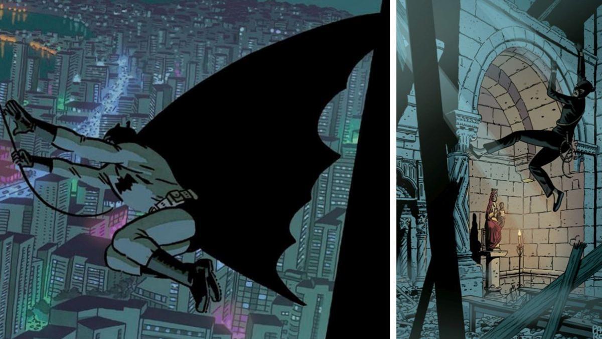 A la izquierda, una viñeta de ’Batman. El mundo’. A la derecha, ilustración inédita de ’La Gata’, con Catwoman en la Guerra Civil,  cedida por Paco Roca. 