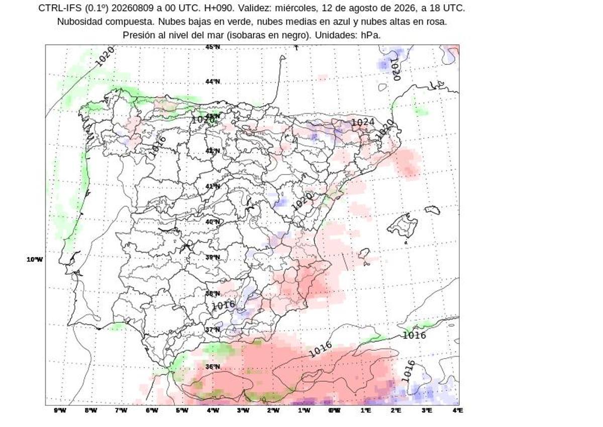 Mapa que refleja la posibilidad de nubes bajas y nubes altas.
