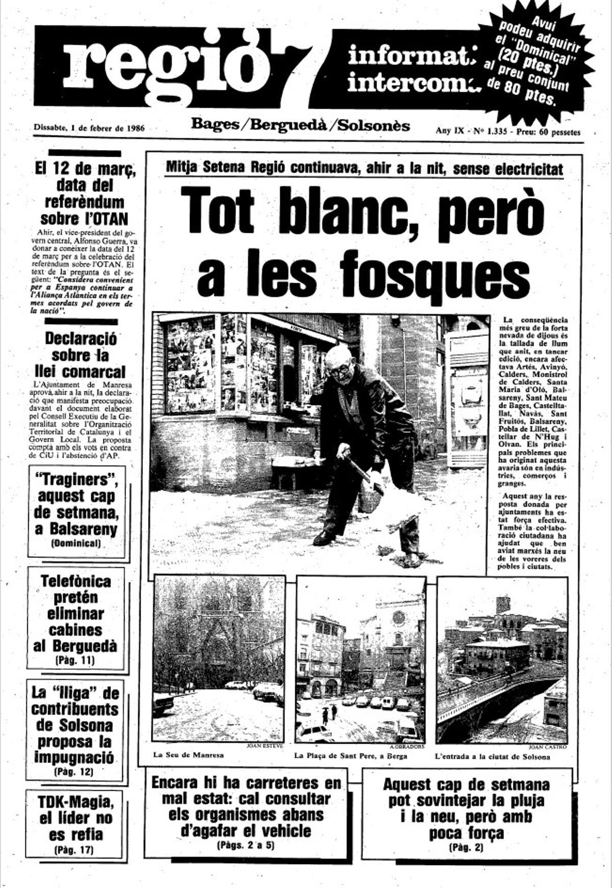 Portada de Regió7 de l'1 de febrer de 1986, recollint els efectes de la nevada
