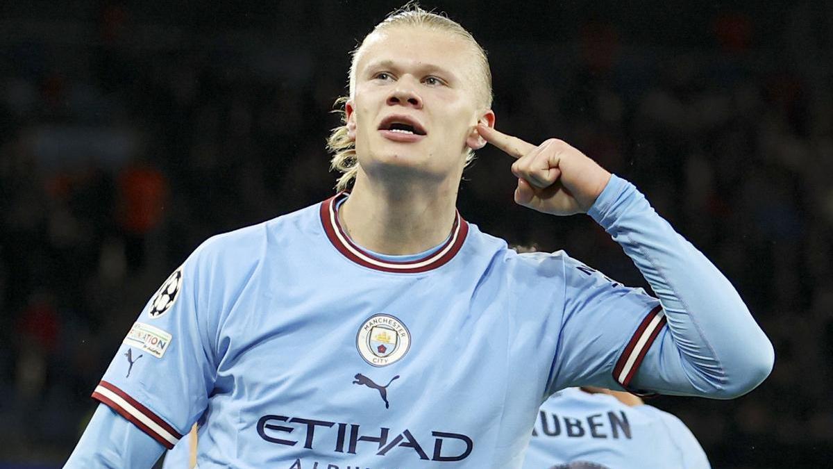 Erling Haaland, del Manchester City, celebra su gol frente al Bayern en la ida de semifinales de la Champions.