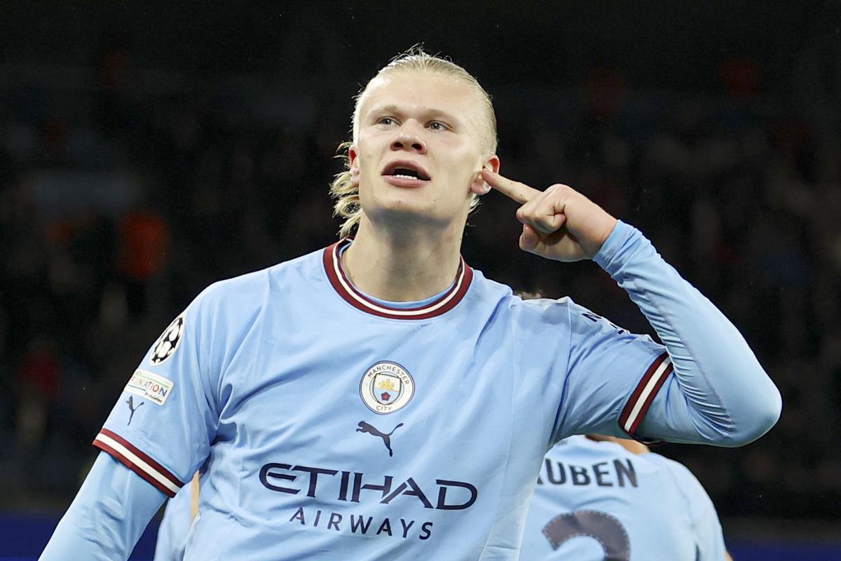 Erling Haaland, del Manchester City, celebra su gol frente al Bayern en la ida de semifinales de la Champions.