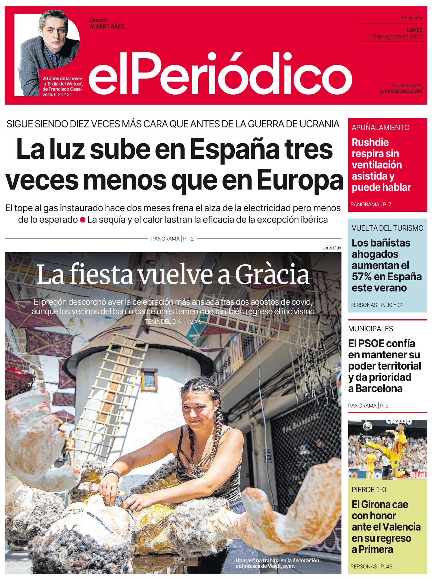 La portada de EL PERIÓDICO del 15 de agosto de 2022