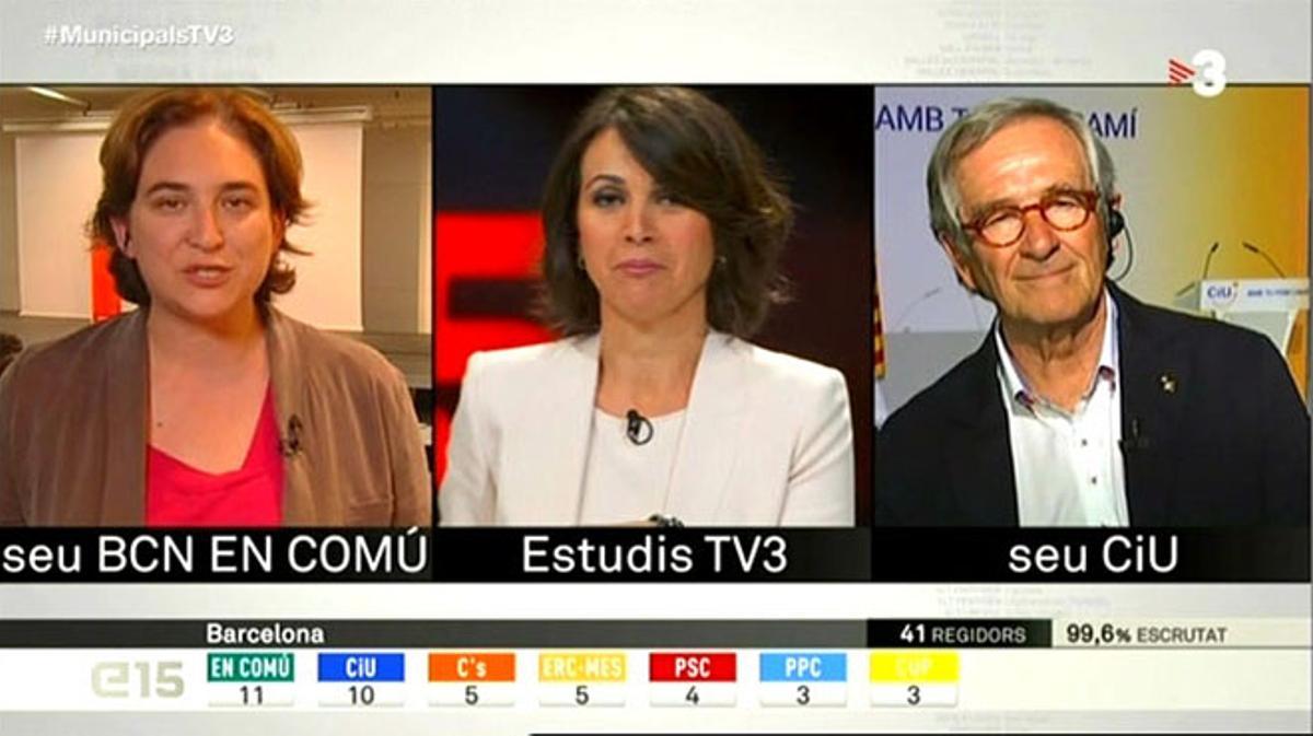 Lídia Heredia, entre Ada Colau i Xavier Trias, en l’especial de les municipals de TV-3.