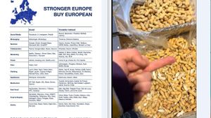 Un panel promocional de la campaña Buy European (izquierda) señala solo a marcas norteamericanas, no las asiáticas. A la derecha, un vídeo de la plataforma rechaza los cacahuetes americanos.