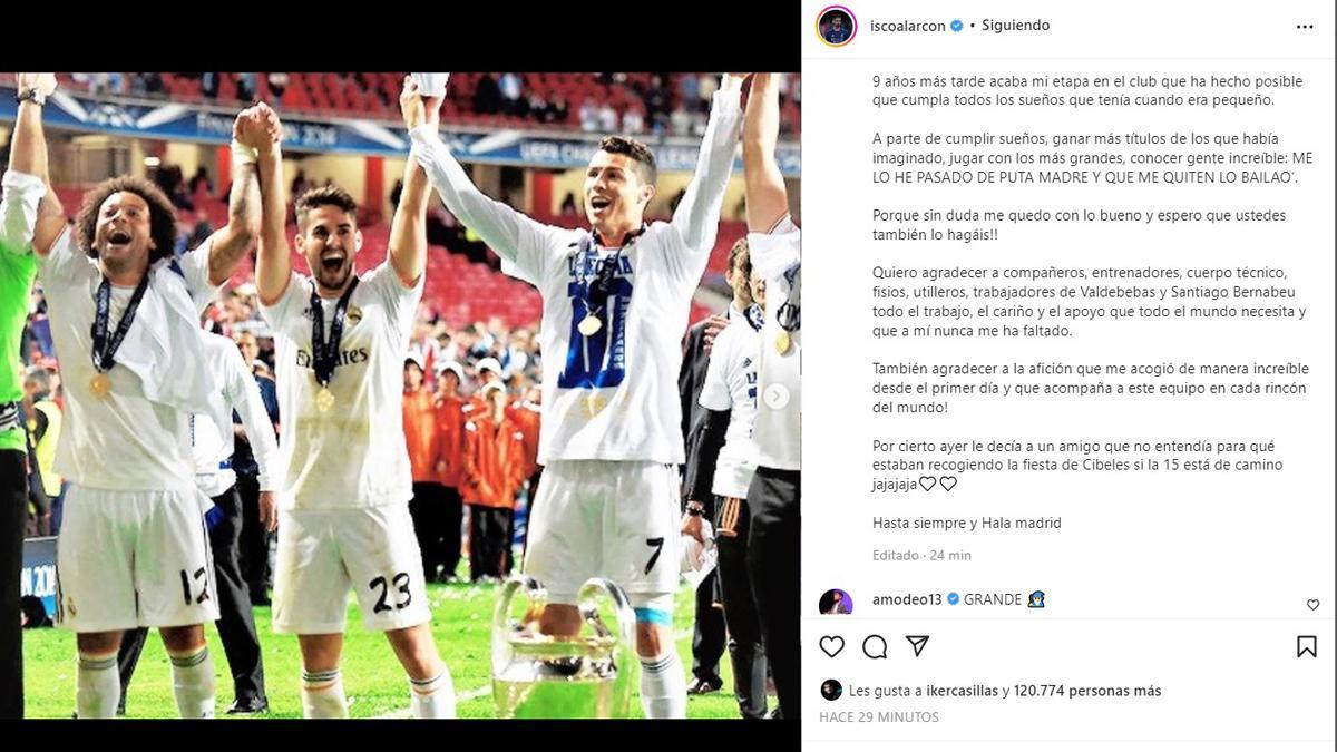 Isco publicó una carta de despedida en su cuenta de Instagram