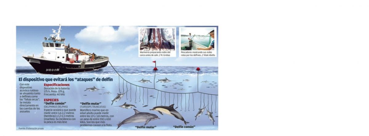 La flota del cerco testa un dispositivo sonoro para evitar que los delfines rompan sus aparejos