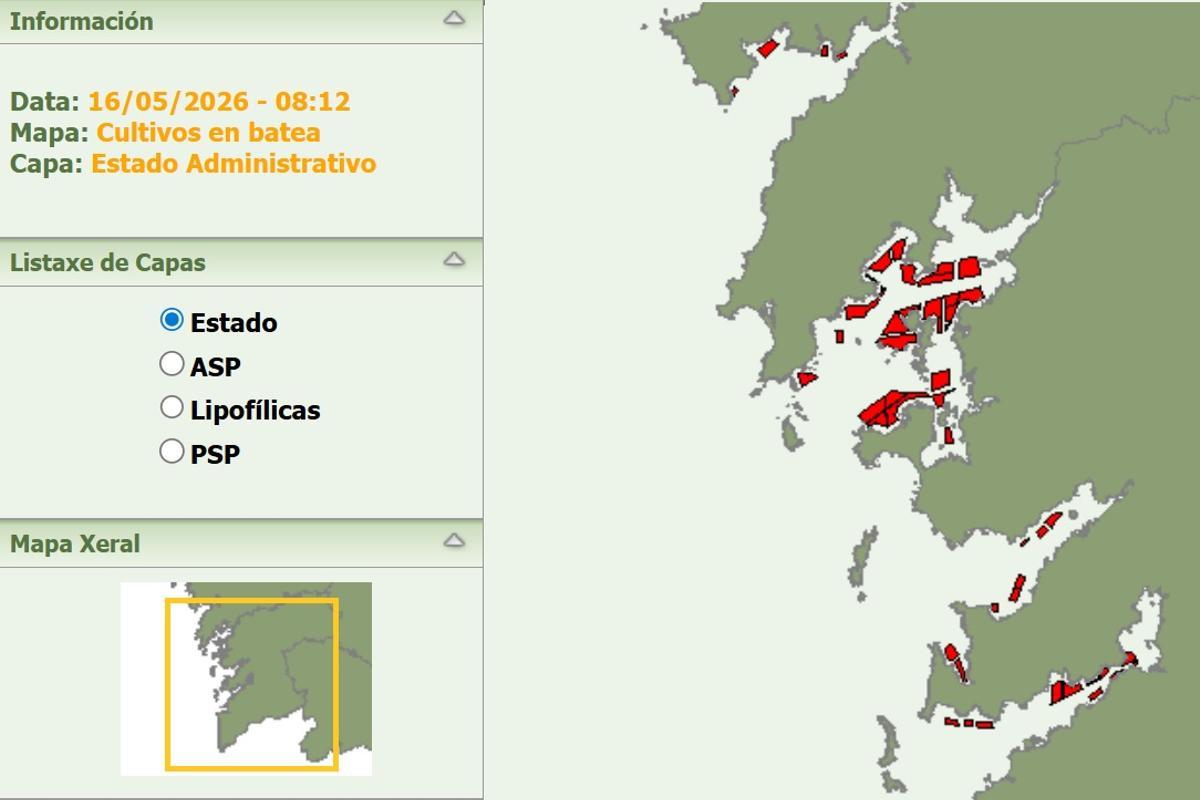 Mapa elaborado por el Intecmar en el que se muestran los polígonos bateeiros cerrados a causa de las toxinas lipofílicas.
