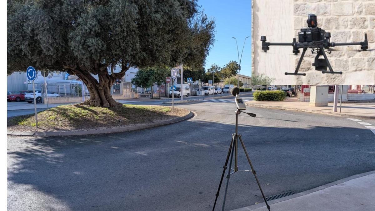 Medicion acústica en una rotonda de la carretera de Agost y, superpuesto a la derecha, un dron