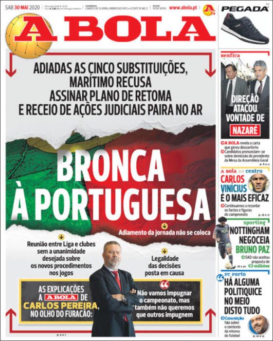 Portada A BOLA sábado 30 mayo 2020