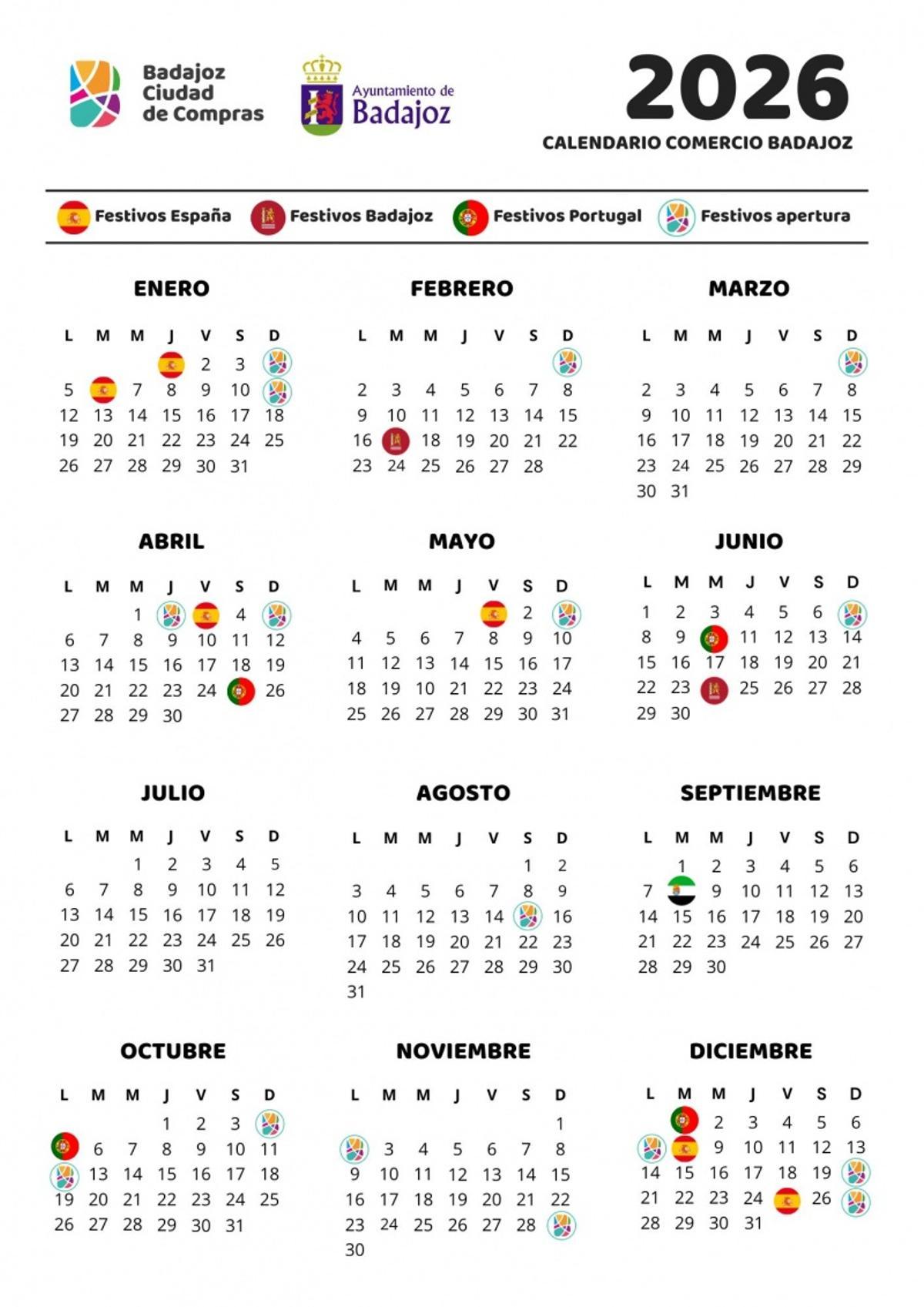 Calendario de los festivos de apertura comercial en 2026.