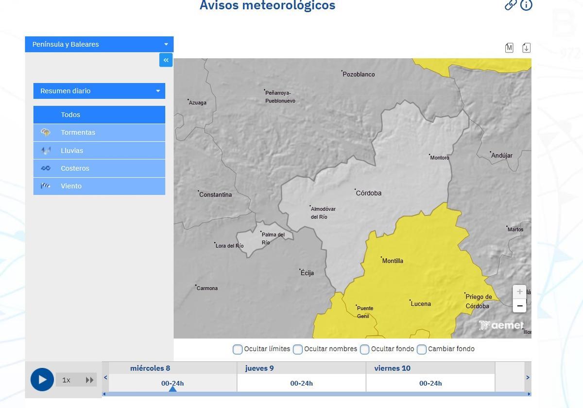 El aviso amarillo en la Subbética cordobesa está vigente hasta las 12.00 horas.