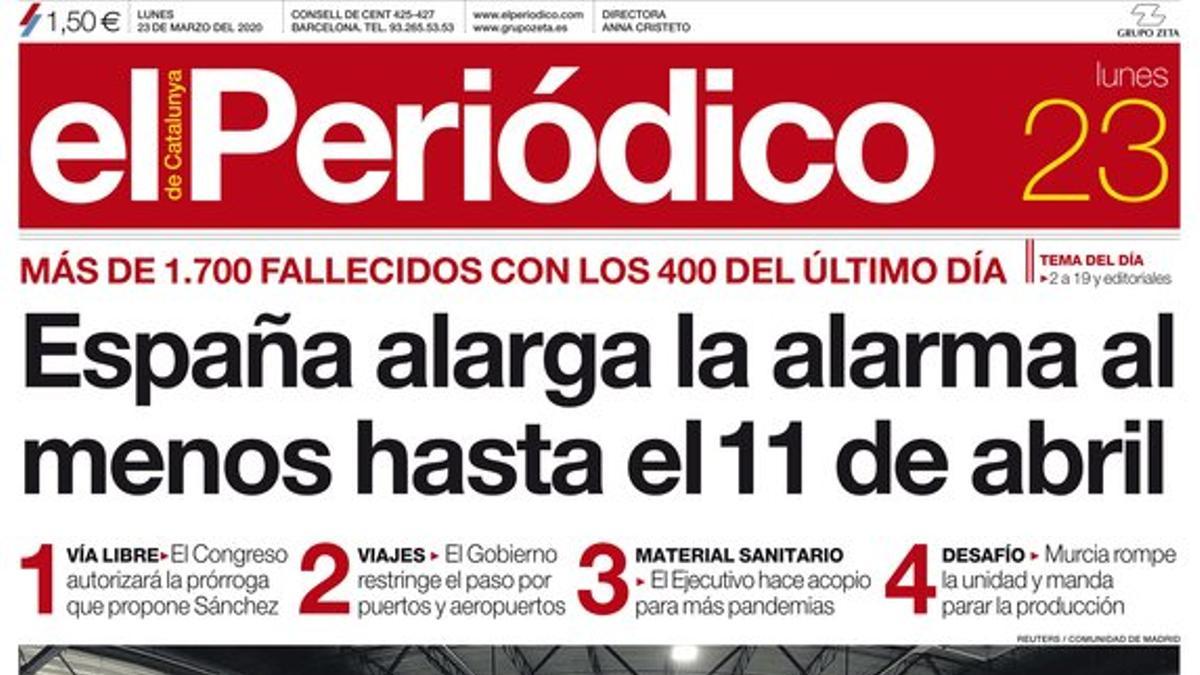 La portada de EL PERIÓDICO del 23 de marzo del 2020.