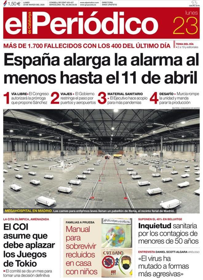 La portada de EL PERIÓDICO del 23 de marzo del 2020.