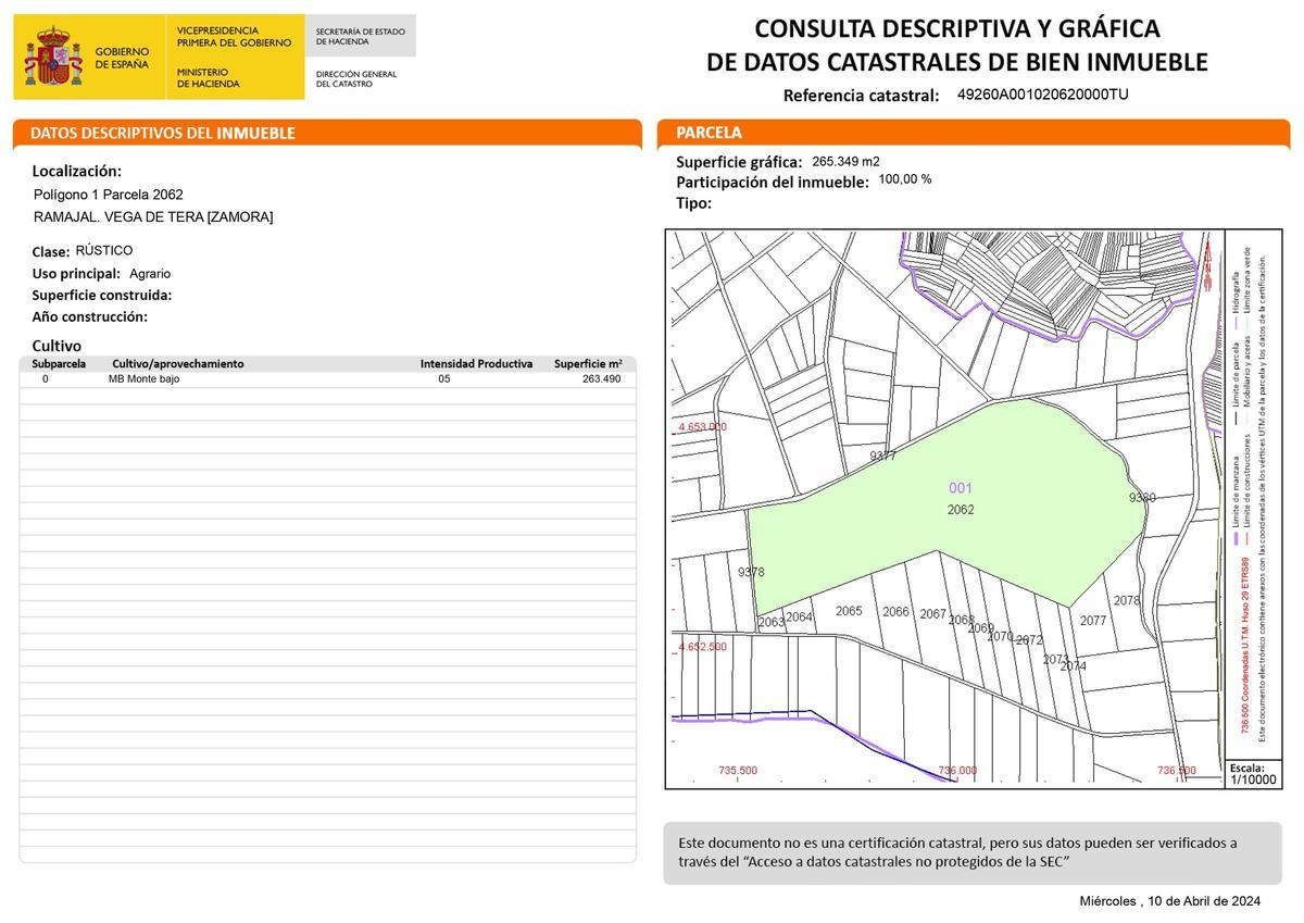 Información catastral de la parcela que los vecinos creen que el Ayuntamiento quiere arrendar a Capwatt.