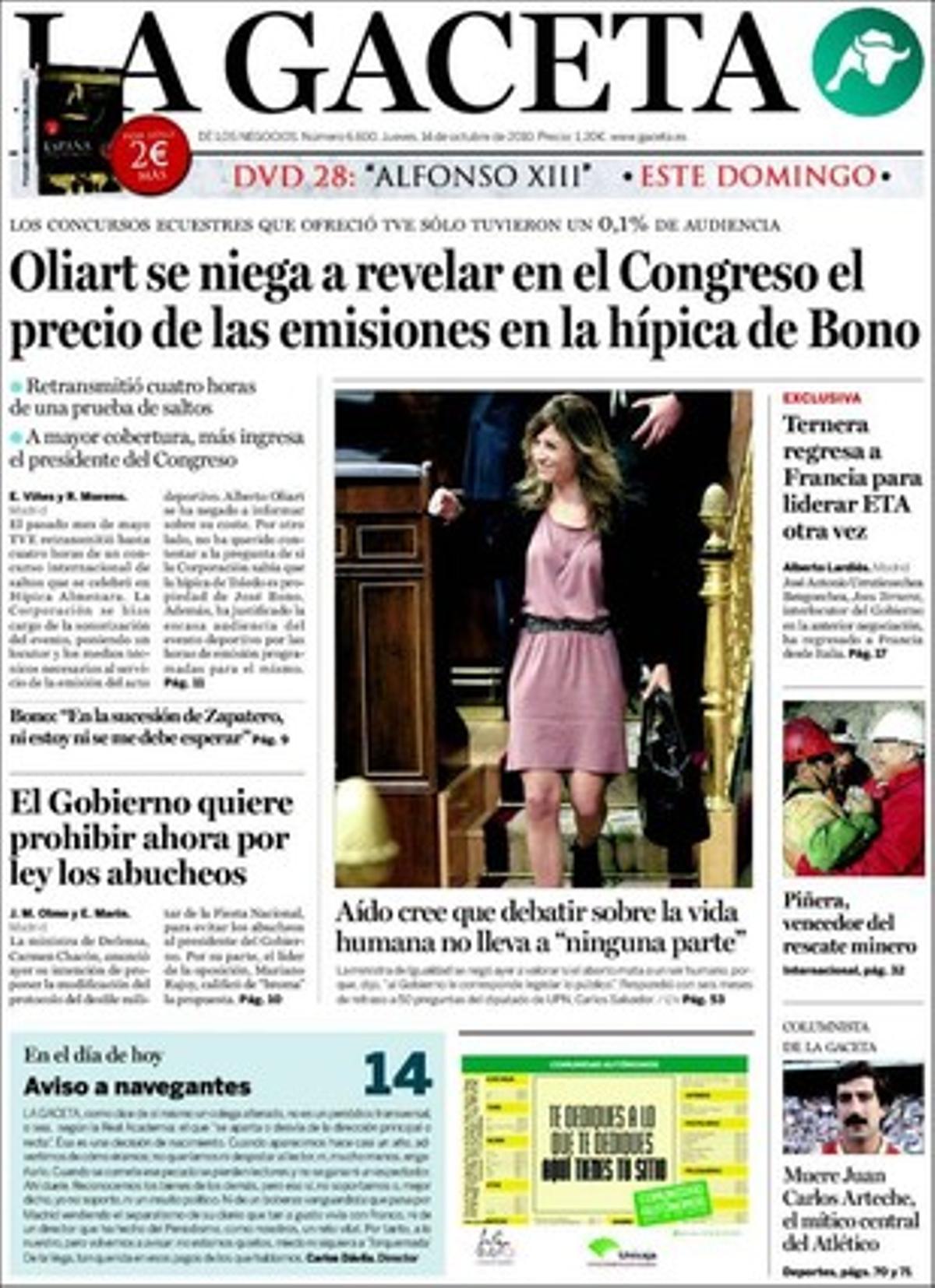 ’La Gaceta’ ressalta a les pàgines interiors que Catalunya gasta un milió d’euros per contractar la transcripció i traducció de les sessions del Parlament fins al 2013, que l’etarra Josu Ternera, que s’amagava a Itàlia, ja és a França per intentar dirigir ETA una altra vegada, que una comissió del Congrés va aprovar que les hipoteques no s’executin fins al cap de sis mesos d’impagaments en lloc dels tres actuals i que s’obre un cisma a la SGAE pel cobrament del cànon a les botigues de discos.