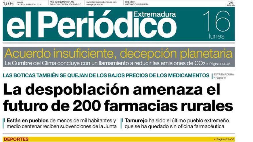 Esta es la portada de EL PERIÓDICO EXTREMADURA correspondiente al día 16 de diciembre del 2019